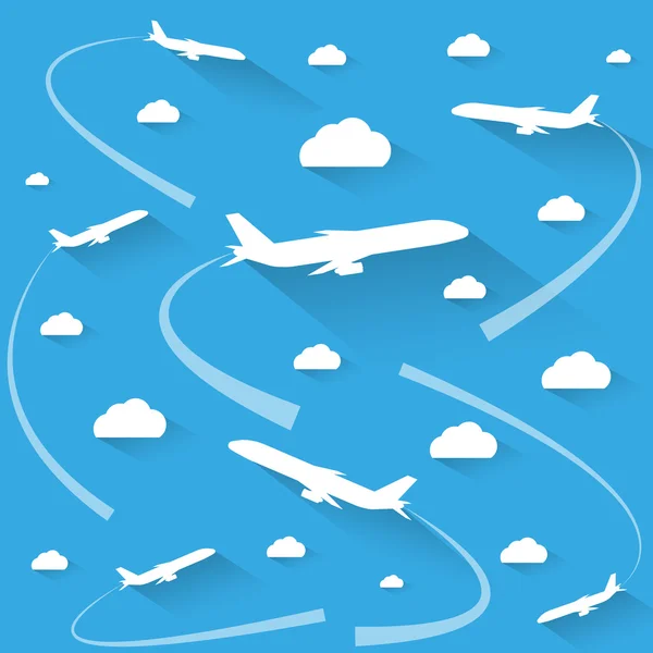 Aviones en el cielo nublado — Vector de stock