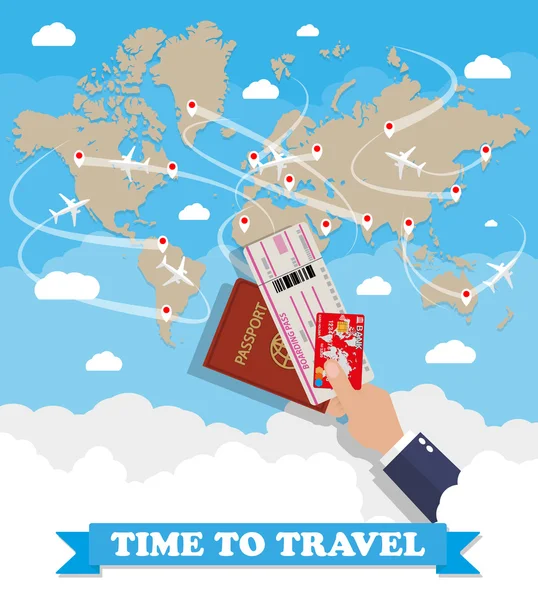 世界地图和护照票卡的手 — 图库矢量图片