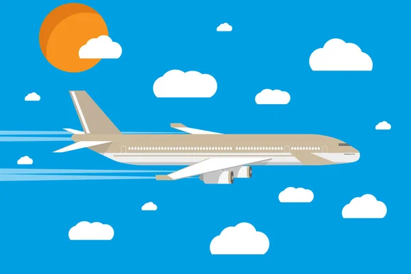 Εικόνα από ένα πολιτικό αεροπλάνο με σύννεφα και ήλιο — Διανυσματικό Αρχείο