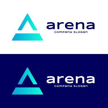 Baş harfleri A logosu tasarımı. İçinde ok sembolü olan mavi üçgen. A harfinin akıllı vektör işareti 