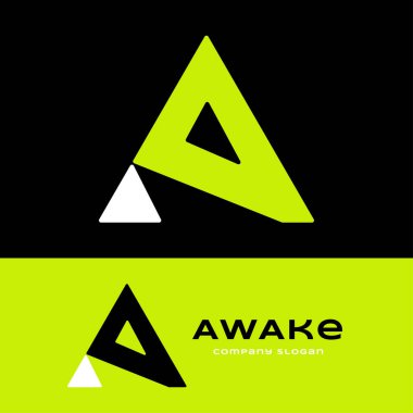 Baş harfleri A logosu tasarımı. İçinde ok sembolü olan yeşil ve beyaz üçgen. A harfinin akıllı vektör işareti