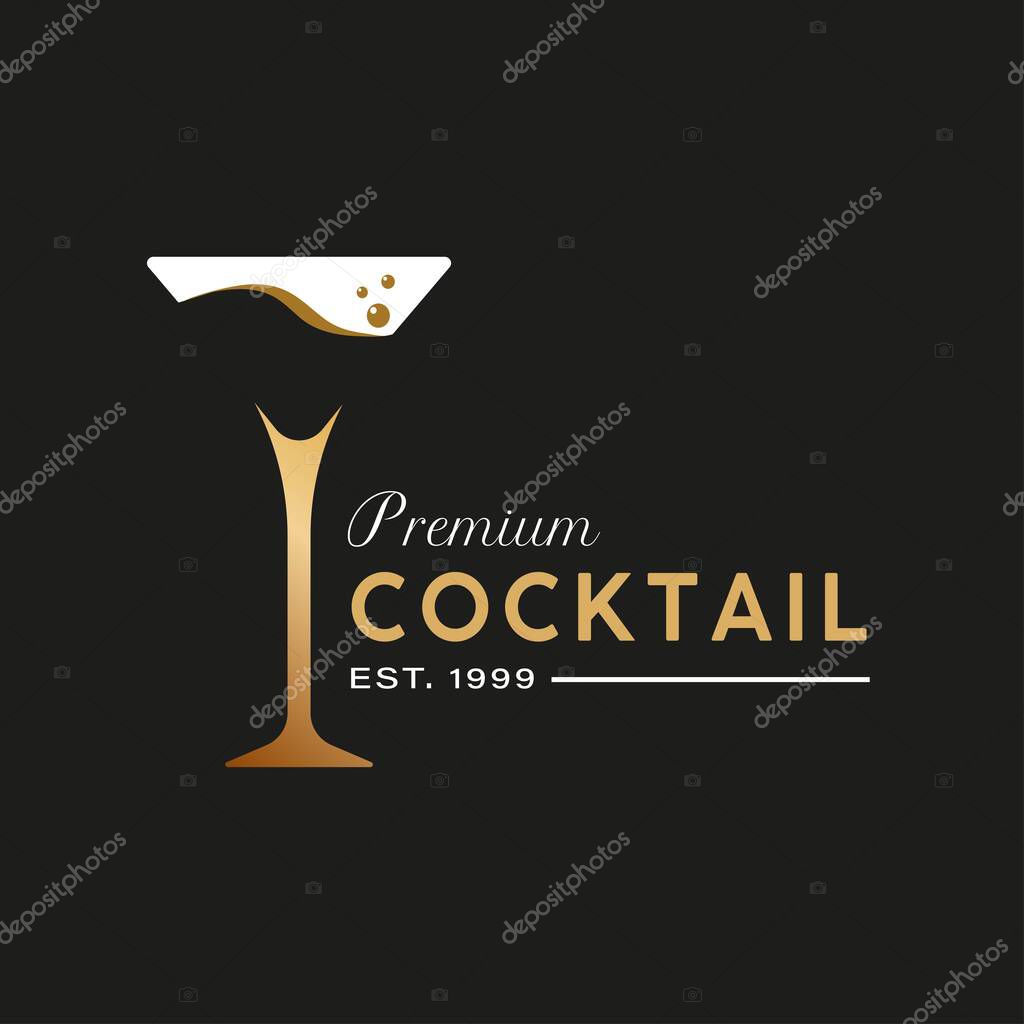 Vintage Retro Style for Cocktail Glass Logo Design. With gold color on black background. Premium and Luxury Logo Template