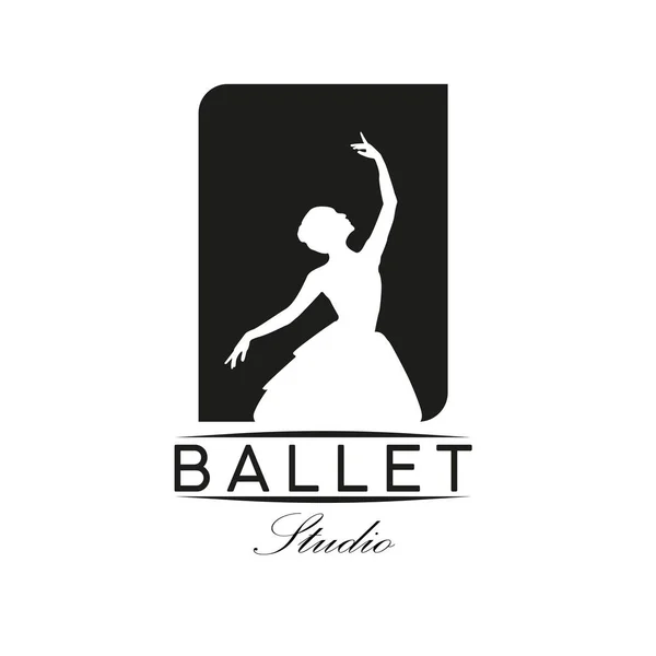 バレエスタジオのロゴデザインのためのヴィンテージレトロロゴスタイル ブラックを基調としたバレエスーツを着た女と 豪華プレミアムロゴ — ストックベクタ