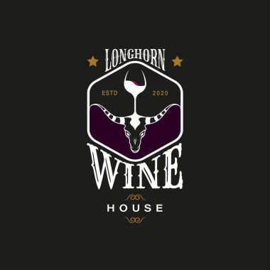Şarap ve Texas Longhorn İneği için klasik Retro Logo Tarzı, Country Western Bull Sığır Logosu Tasarımı. Lüks ve Premium Logo