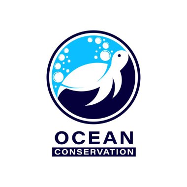 Modern ve lüks Okyanus Koruma Logosu. Daire şeklinde mavi bir kaplumbağa deniz ikonu. Premium ve Lüks Logo Şablonu