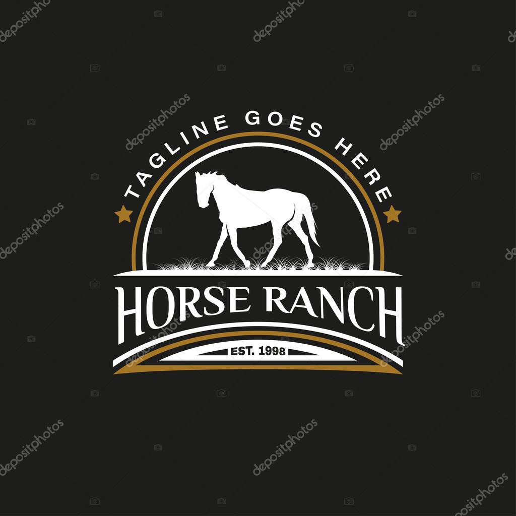 Retro Vintage Silhouette Horse Ranch Logo Design. Countryside western country farm ranch logo vector illustration design graphic