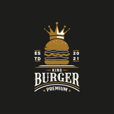 King Burger Bar logosu için klasik Retro Style. Crown ikonuyla. Premium ve Lüks Logo Şablonu