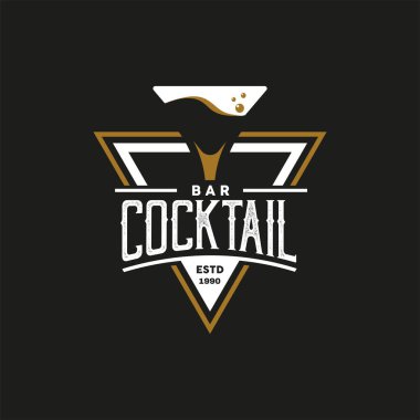 Cocktail Glass Logo Tasarımı için klasik Retro Style. Siyah arka planda altın rengi var. Premium ve Lüks Logo Şablonu
