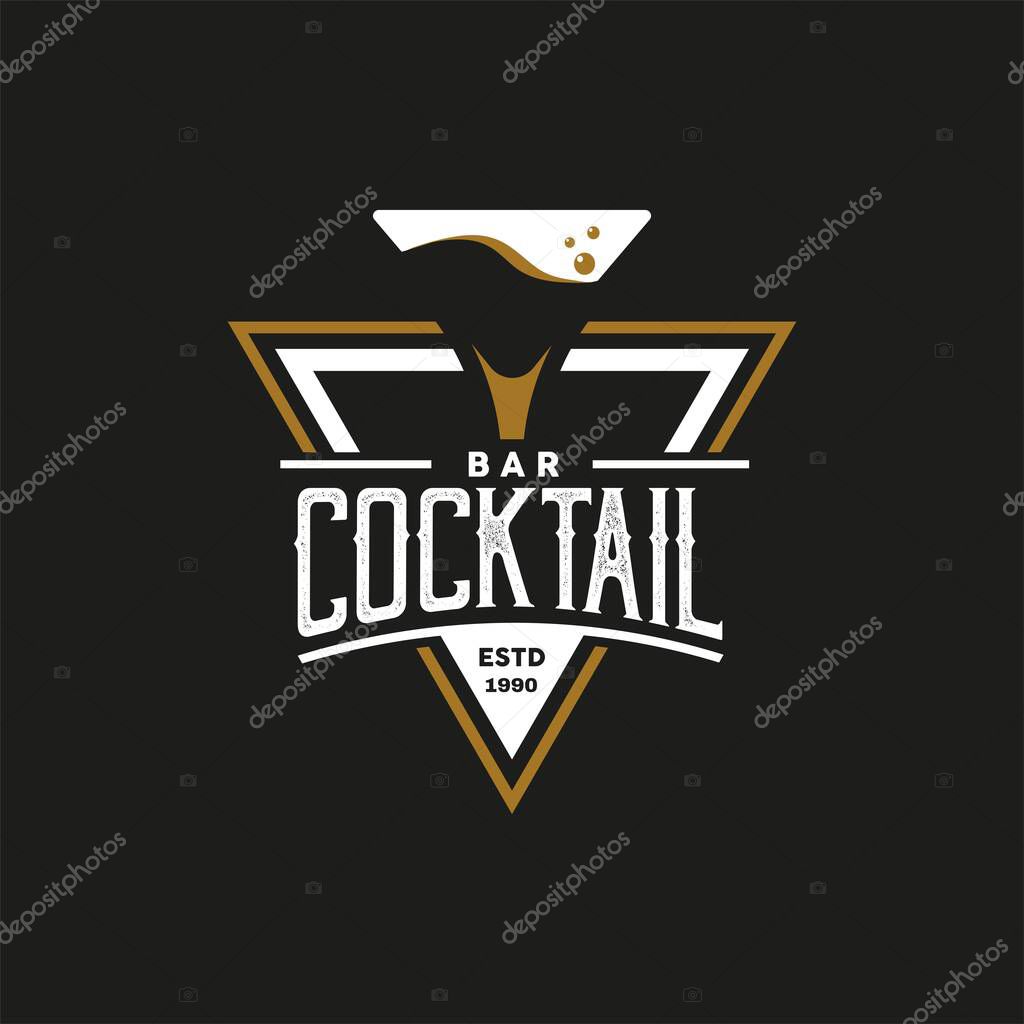 Vintage Retro Style for Cocktail Glass Logo Design. With gold color on black background. Premium and Luxury Logo Template