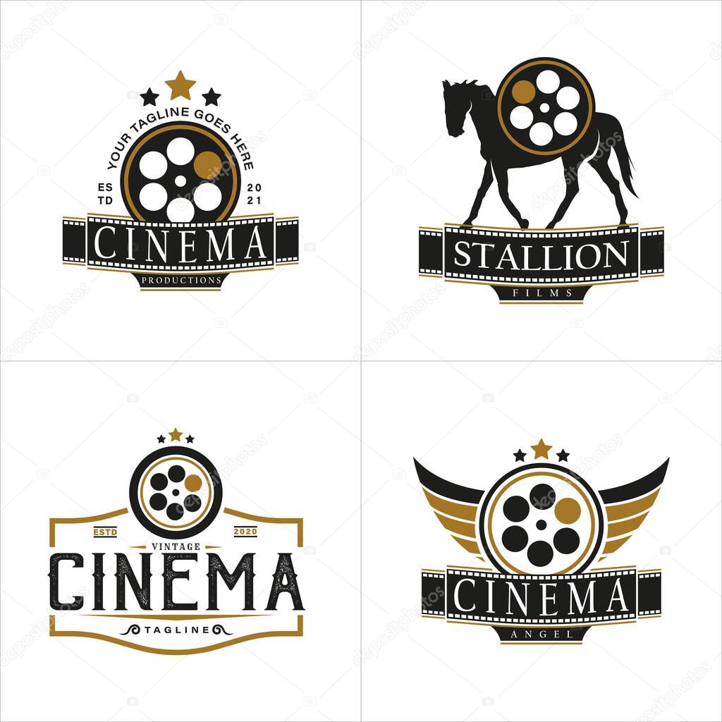Set of Vintage Retro Logo Style for Cinema Studio Production Logo. With film reel stripes, wings, horse, and filmstrip roll tapes. Premium and Luxury Movie Logo