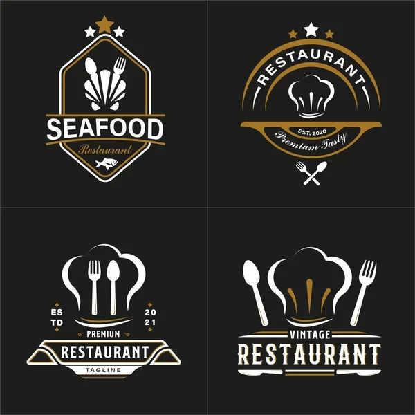 一套复古希斯特复古标志风格的餐厅标志设计 头戴金色厨师帽 蛤蟆和叉子图标 高级及豪华标志 — 图库矢量图片