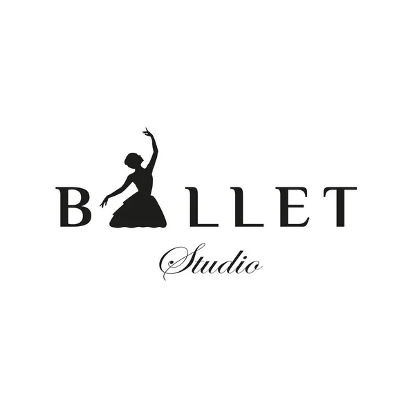 バレエスタジオのロゴデザインのためのヴィンテージクラシックロゴスタイル ブラックを基調としたバレエスーツを着た女と 豪華プレミアムロゴ — ストックベクタ