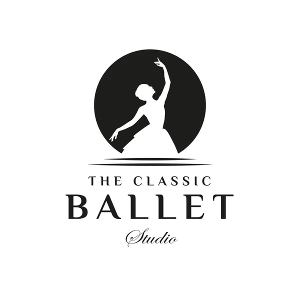 バレエスタジオのロゴデザインのためのヴィンテージクラシックロゴスタイル ブラックを基調としたバレエスーツを着た女と 豪華プレミアムロゴ — ストックベクタ