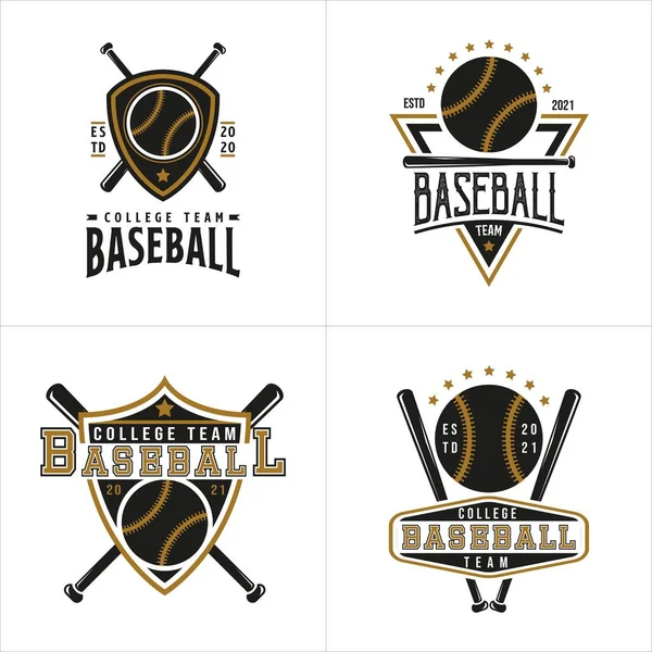 Conjunto Logotipo Beisebol Vintage Emblema Crachá Com Bat Gold Cores — Vetor de Stock