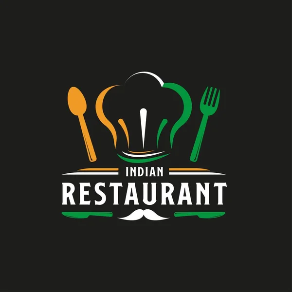 印度食品餐厅标志 带有勺子 胡子和刀具图标的印度国旗符号 高级及豪华标志 — 图库矢量图片
