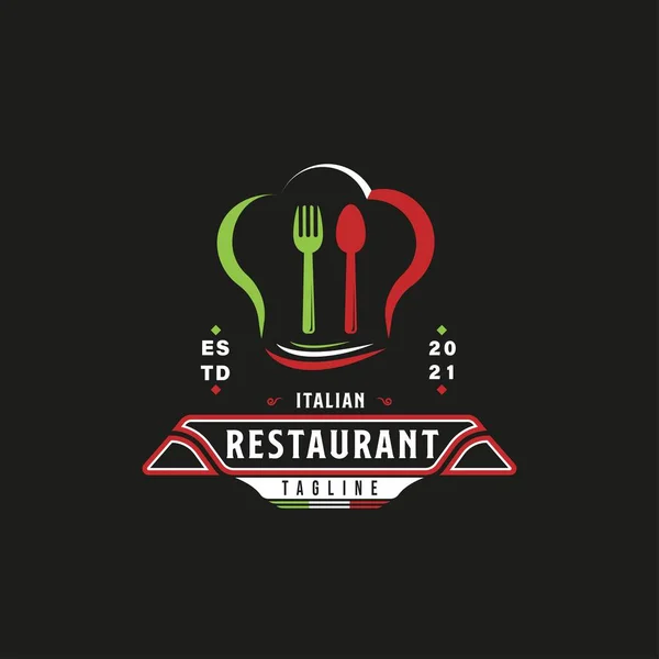 Italiano Food Restaurant Logo Símbolo Bandeira Italiana Com Ícones Spoon —  Vetores de Stock
