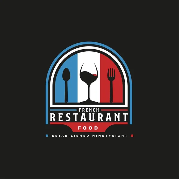 法式餐厅标志 带有勺子 叉子和酒杯图标的法国国旗符号 — 图库矢量图片