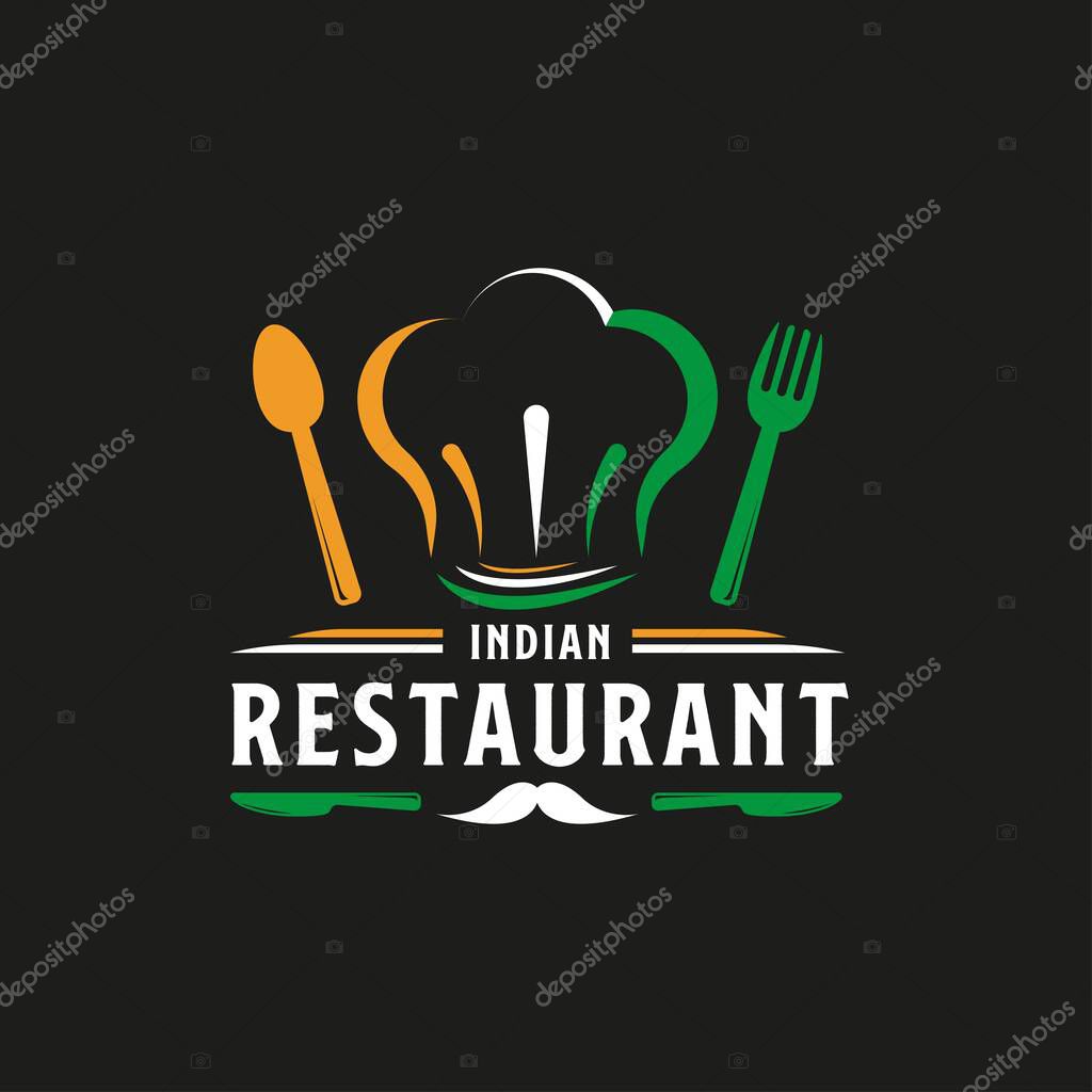 Indian Food Restaurant Logo. India flag symbol with Spoon, Fork, Mustache, and Knife icons. Premium and Luxury Logo