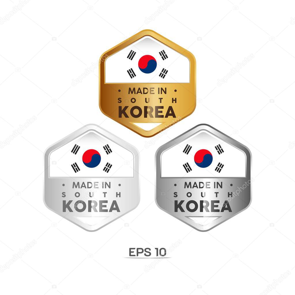 Made in South Korea Label, Stamp, Badge, or Logo. With The National Flag of South Korea. On platinum, gold, and silver colors. Premium and Luxury Emblem