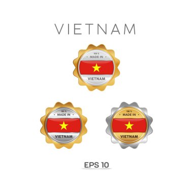 Vietnam etiketli, pullu, rozetli veya logolu. Vietnam Ulusal Bayrağı ile. Platin, altın ve gümüş renklerde. Premium ve Lüks Amblem