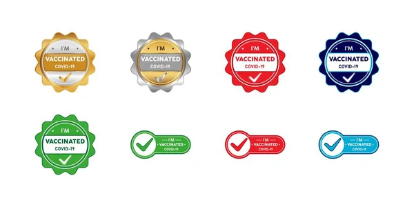 Gevaccineerd Covid Etiket Stempel Badge Logo Platina Goud Zilver Premium — Stockvector