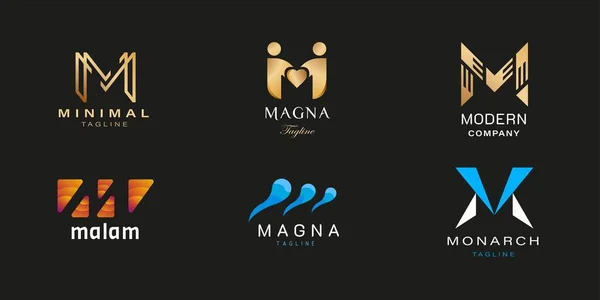 一套现代简约字母M标志设计 金色和蓝色 高级及豪华标志设计模板 — 图库矢量图片