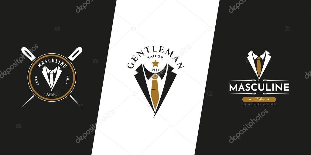 Set of Masculine Tie Tuxedo Suit Gentleman Fashion Tailor Clothes Vintage Classic Logo design. Premium and luxury logo template