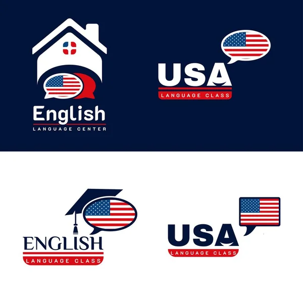 Uppsättning Usa English Language Class Logo Språkutbytesprogram Forum Och Internationell — Stock vektor