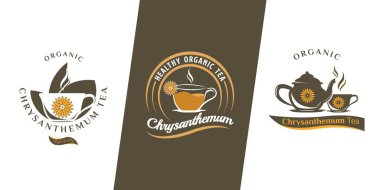 Kasımpatı Çay Logosu Tasarımı. Çaydanlık, çiçek ve kupa ikonuyla. Çin geleneği içkisi. Premium, vintage ve lüks logo