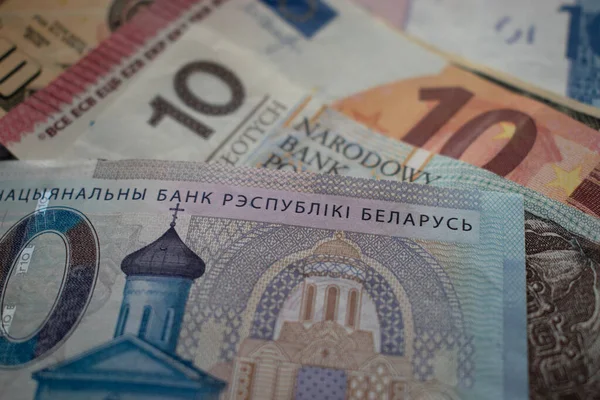 Banconote Tagli Euro Dollari Zloty Polacchi Rubli Bielorussi — Foto Stock
