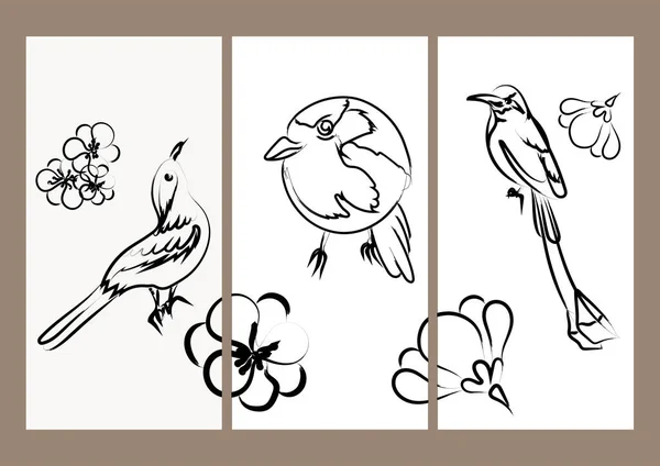 Ensemble Oiseaux Avec Fleur Sur Fond — Image vectorielle