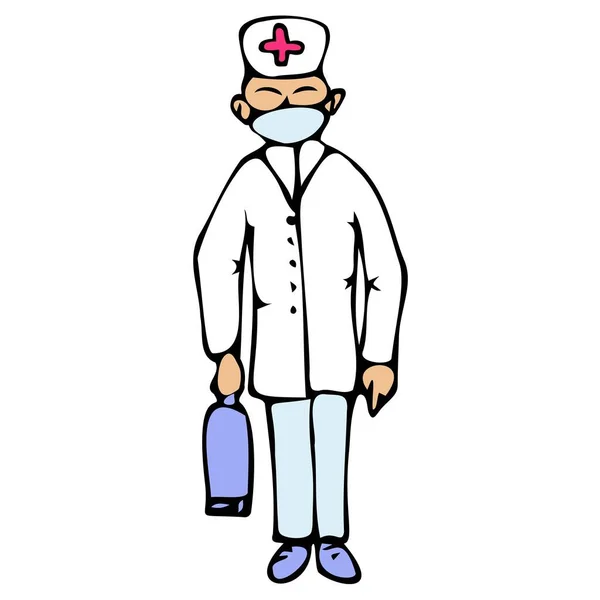 Figure d'un médecin en robe de chambre et une casquette avec une valise médicale — Image vectorielle