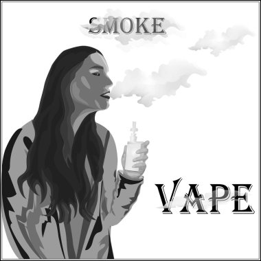 Kadın elektronik bir sigara içiyor ve bir duman bulutu salıyor. Reklam illüstrasyonu