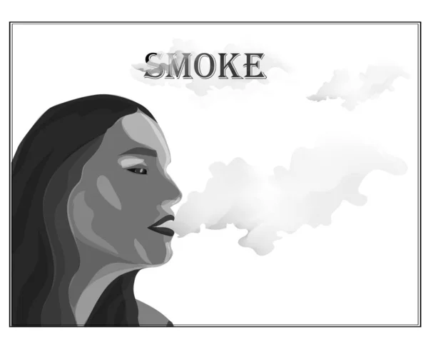 A mulher fuma um cigarro eletrônico e libera uma nuvem de fumaça. Ilustração da publicidade — Vetor de Stock