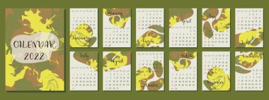 2022 takvim tasarımı. Hafta pazar günü başlıyor. Düzenlenebilir A4, A3 sayfa şablonu. Soyut arkaplanı olan illüstrasyon.