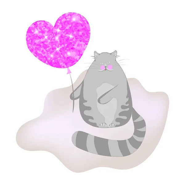 Cute and funny cat Moon, kitten holding a pink balloon in the shape of a heart, vector illustration with space for text. — Stock Vector