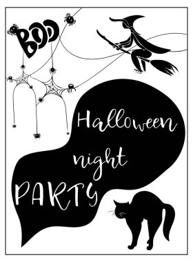 El çizimi resimli Cadılar Bayramı partisi davetiyesi. Tebrik kartları veya posterleri.