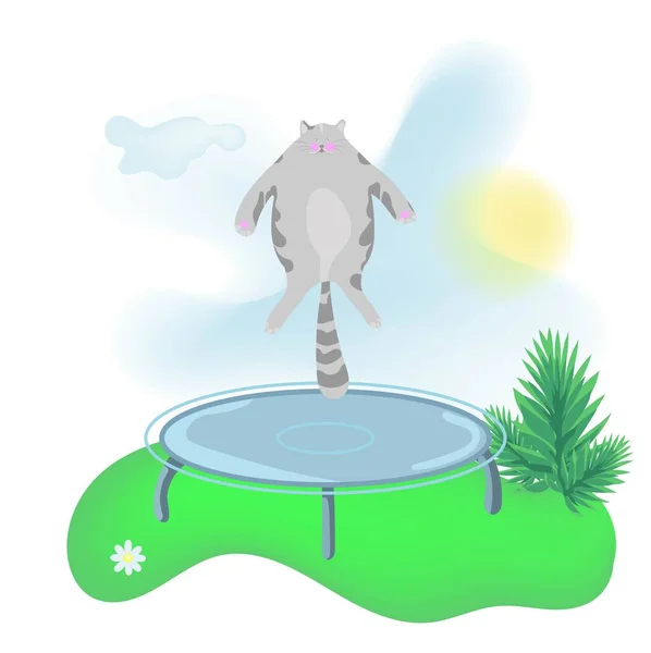 Moon cat fait du fitness à l'extérieur, saute sur un trampoline. — Image vectorielle