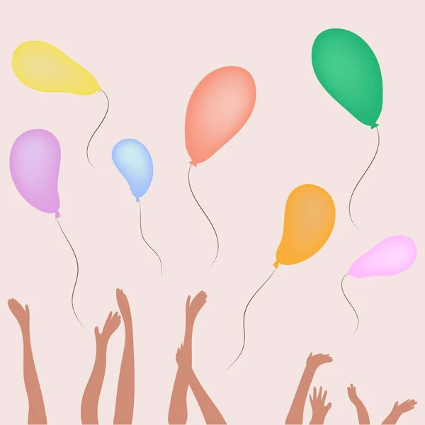 As mãos das crianças liberam balões coloridos. Férias, festa de pijama. — Vetor de Stock