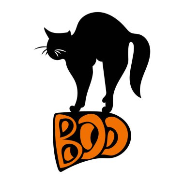 Cadılar Bayramı illüstrasyonu. Siyah bir kedi bu harflerin üzerinde duruyor..