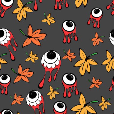 Kanlı zombiler, uzaylı gözleri ve sonbahar yaprakları olan kusursuz desenler. Cadılar Bayramı çizimi.