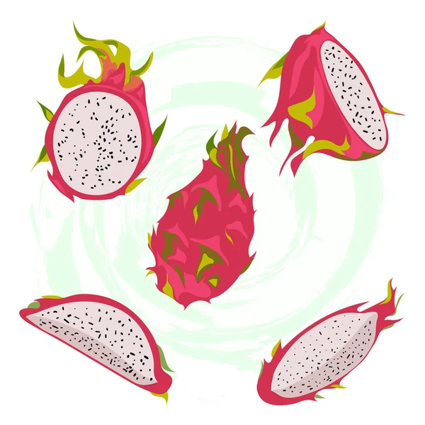 Un conjunto de rodajas de fruta de pitaya roja frescas enteras a la mitad. — Archivo Imágenes Vectoriales