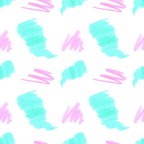 Seamless Pattern Set Pink Blue Lines Doodles Made Marker White — Zdjęcie stockowe