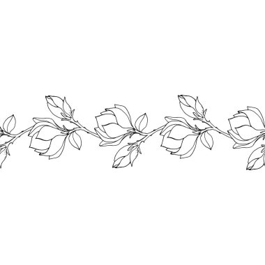 Çiçek ve tomurcuklu manolya dallarının dekoratif, pürüzsüz sınırı.