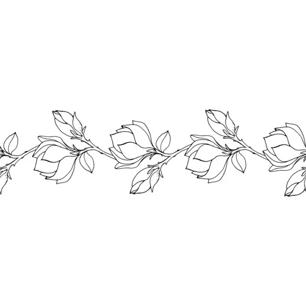 Dekorativ Sömlös Bård Magnolia Grenar Med Blommor Och Knoppar — Stock vektor