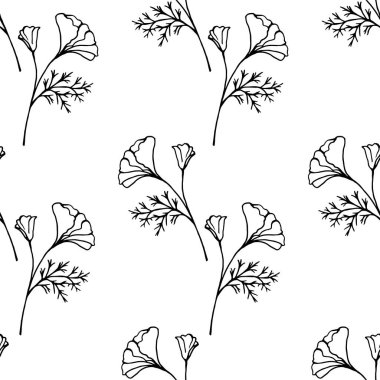Çiçekli siyah ve beyaz hatlı dalların parmak izleriyle kusursuz desen. Festival tasarımı, ambalaj, duvar kağıdı, kumaş, tekstil, kırtasiye, aksesuarlar için vektör illüstrasyonu.