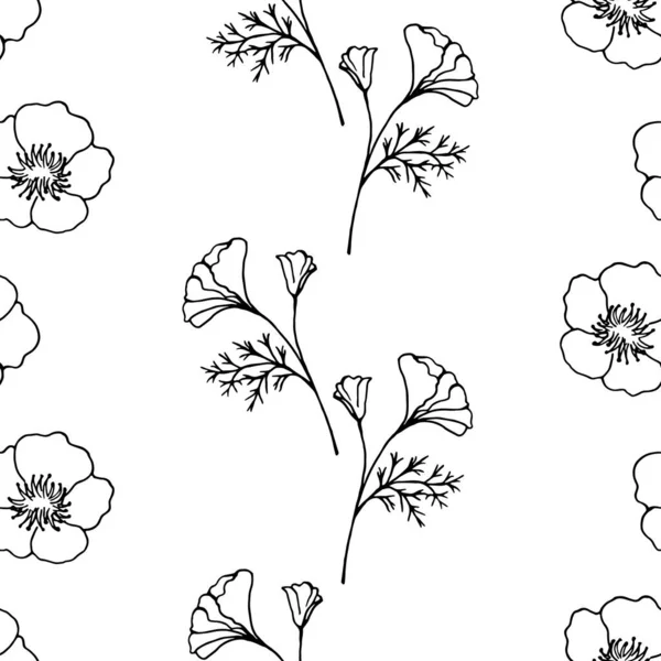 Nahtloses Muster Mit Print Von Schwarz Weißen Konturzweigen Mit Blume — Stockvektor