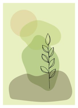 Pastel renklerde serbest bitki dalı ve geometrik şekiller çiziyor. Soyut arkaplan, modern minimalist estetik çizimler, duvar dekorları için tasarım, kartlar, posterler.