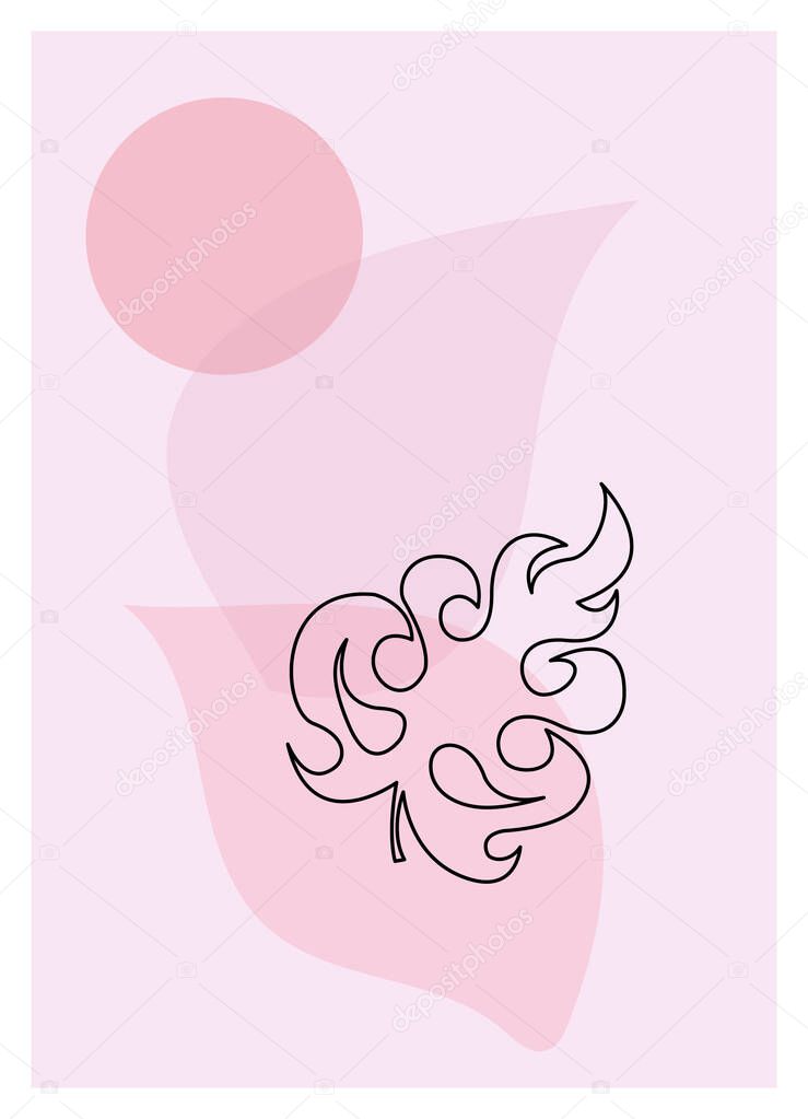 Tropical monstera leaf contour drawing and geometric shapes in pastel pink colors. Abstract background, modern minimalistic aesthetic illustrations, design for wall decor, cards, posters.