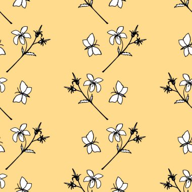 Seamless pattern of geranium branches with flower, bud and butterfly, vector drawing hand-drawn with black outline. Vector illustration for festive design, packaging, wallpaper, fabric, textile, stationery, accessories.